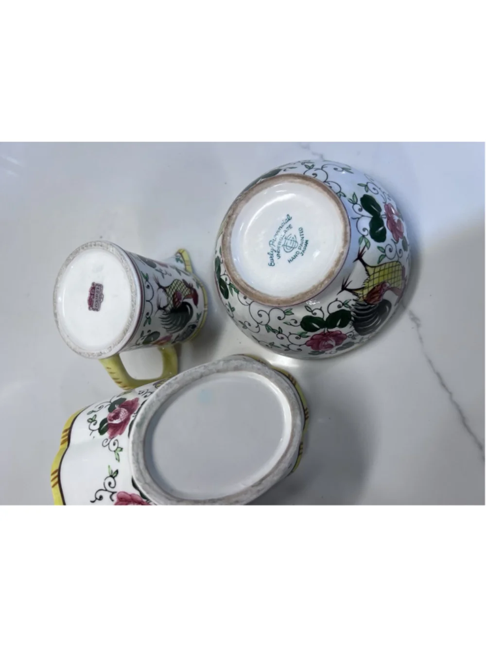 Vintage Ucagco Early Provincial Rooster And Roses Pitcher Basket & Bowl
